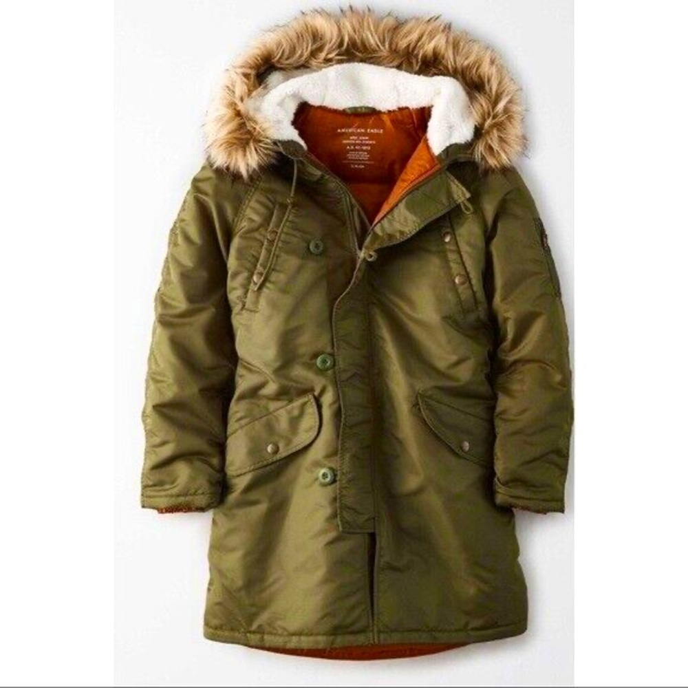 American Eagle Satin Parka Coat XL Olive Green Faux Fur Hood $149